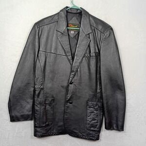 Reed Leather Blazer Mens 42 Black Vintage Two Button Coat  Work Wear Suit Jacket